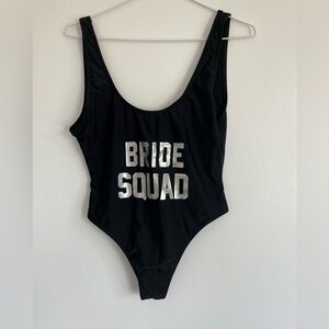 Revamped Bride Squad Black One Piece Bathing Suit with Silver Lettering - Large